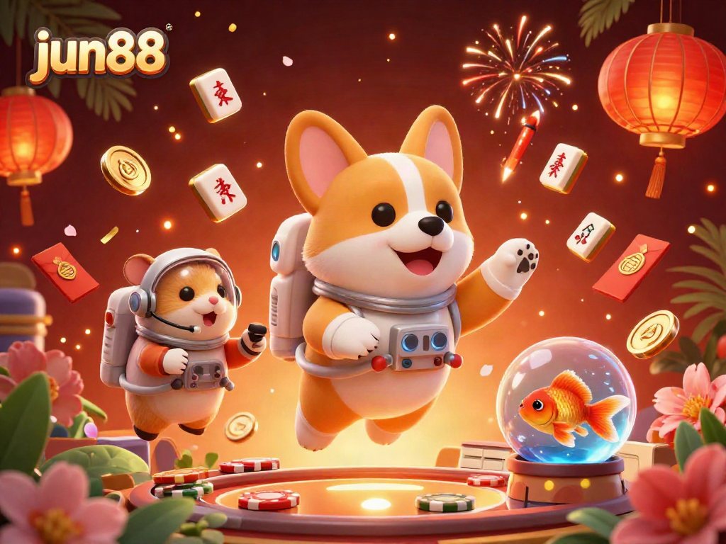 Experience the thrill of jun88 in a vibrant casino scene with an astronaut corgi, floating poker chips, and golden coins.