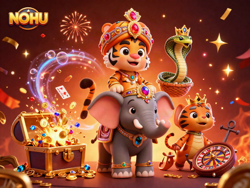 Experience the thrilling NOHU adventures with a 3D scene showcasing gaming action and vibrant elements.