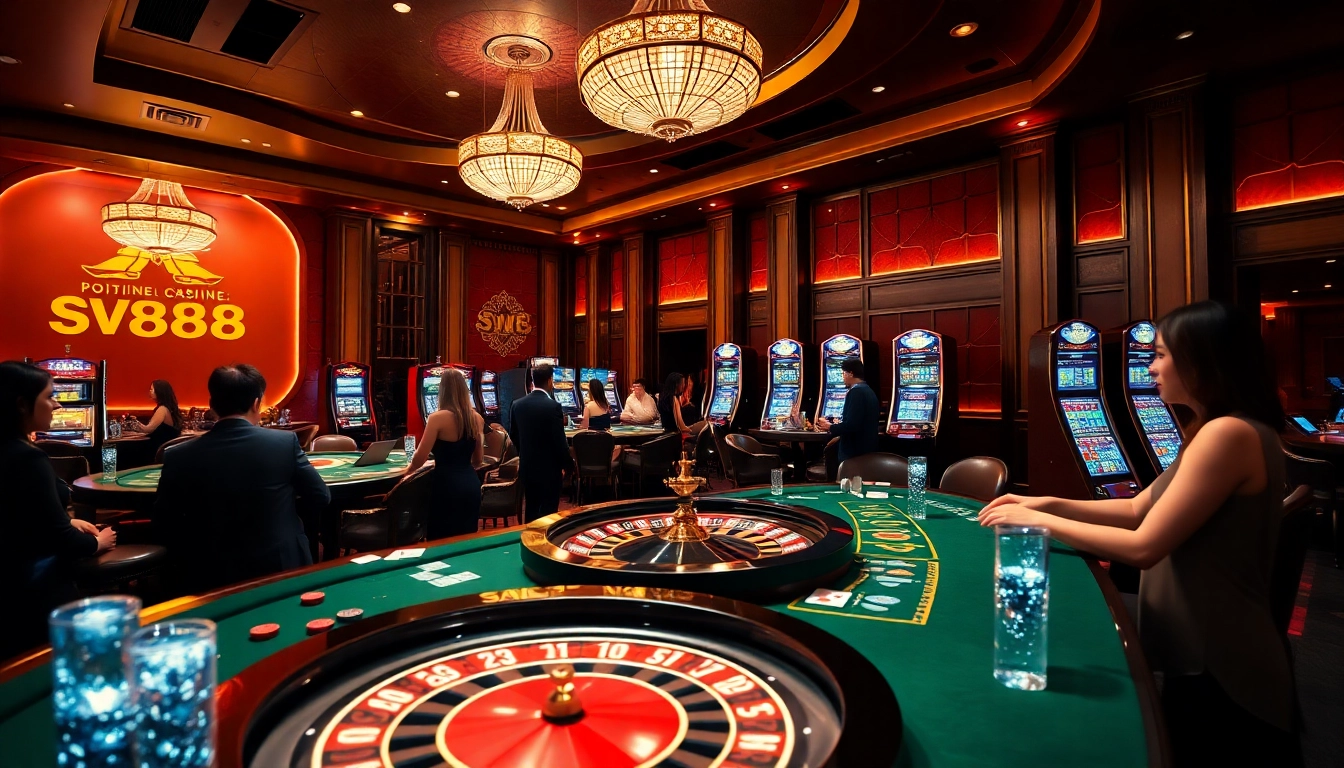Exciting gambling at https://sv88s.pro with players at casino tables and bright slot machines.