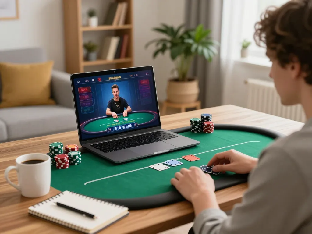 Player engaging in CK444 online poker game with strategy notes and cozy home setting.