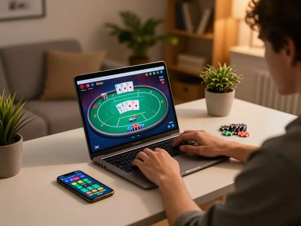 Engaging in online casino gaming on a laptop, showcasing the sc88 poker interface and responsible betting.
