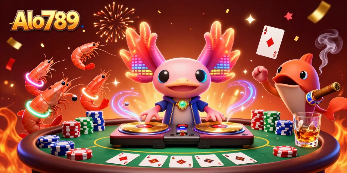 Alo789 brings excitement with a neon axolotl DJ spinning golden records amid a lively poker scene.