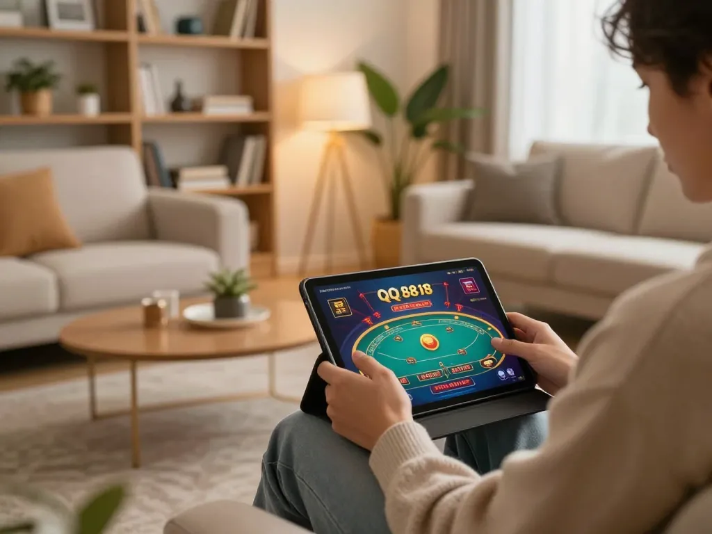 Player enjoying an exciting live game on QQ 88 tablet in a cozy home setting.