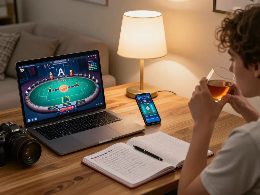 Engaging in online casino gaming at https://xx88.day/ with a laptop and smartphone in a cozy home setup.