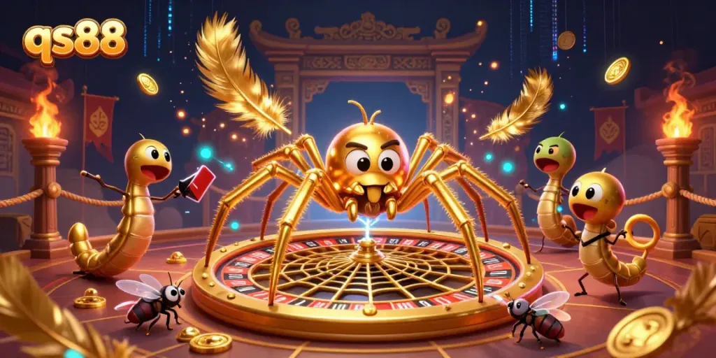 Engage with the immersive qs88 casino world where a golden spider crafts winning bets in a dynamic roulette scene.