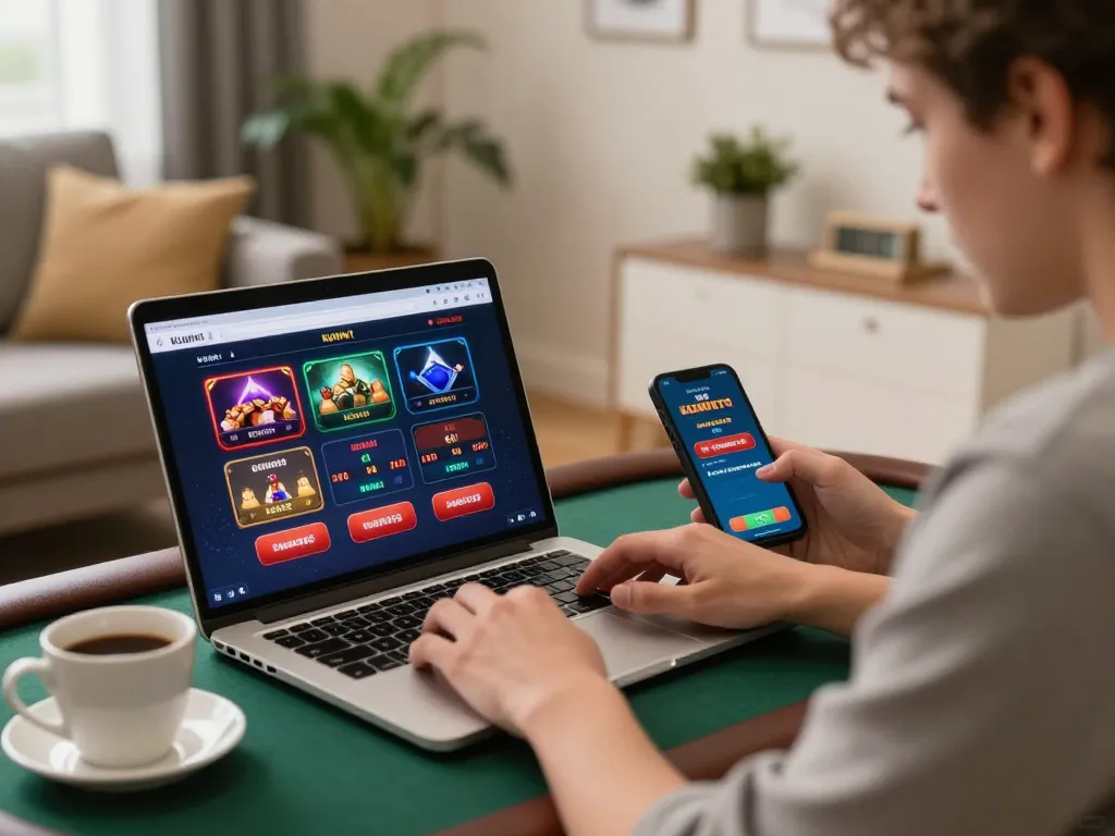 Kuwin1 online casino gambler engaged in gameplay on laptop while using a smartphone for strategy