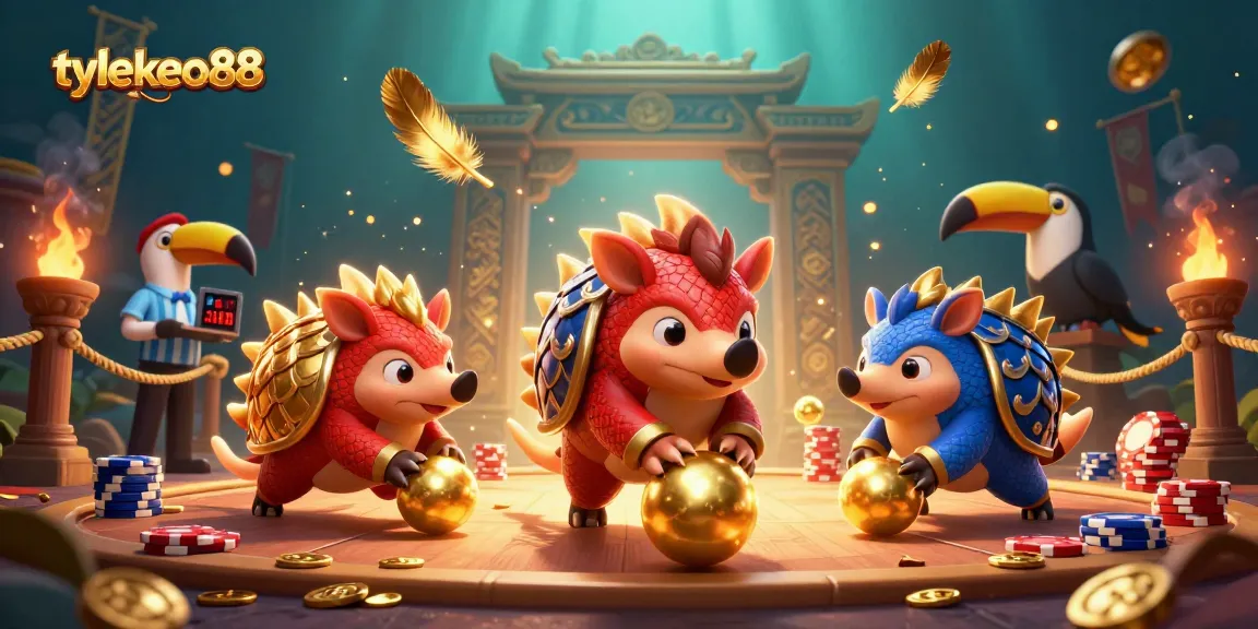 Engage in thrilling gambling action with tylekeo88 as pangolins roll into golden balls amid a vibrant casino scene.