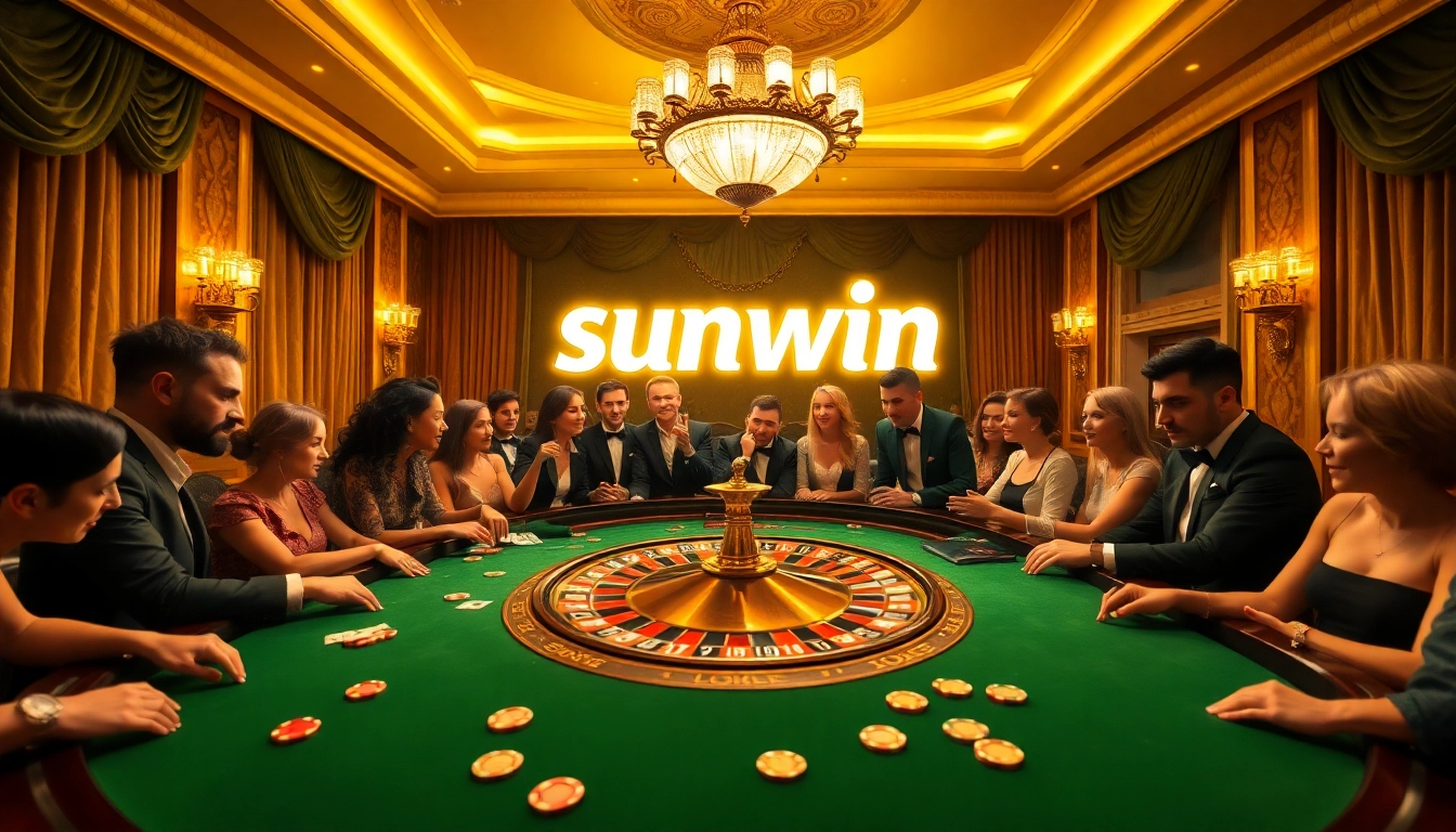 Thrilling casino scene with players enjoying roulette under the luminous 'sunwin' sign.