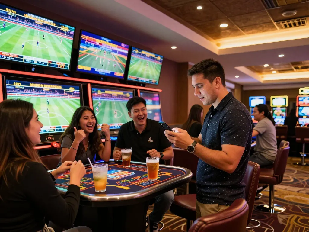 Excited gambler using nk88 to place bets on live sports events in a bustling casino atmosphere.
