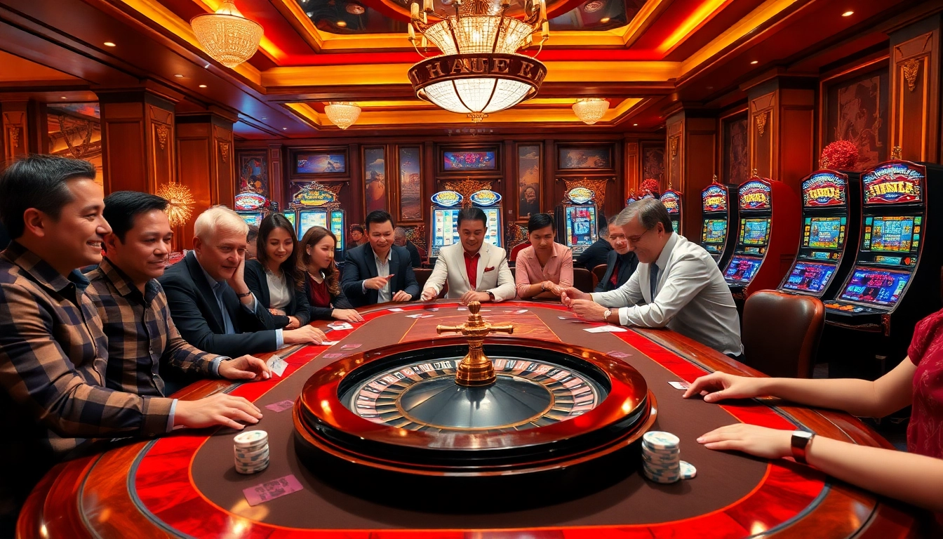 Hello88 players enjoying an exhilarating game at a luxurious casino poker table.