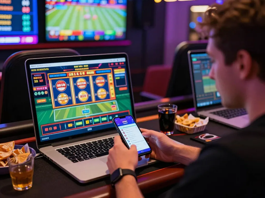 Engaged user exploring 32WIN betting site with sports and casino options, vibrant online gambling experience.