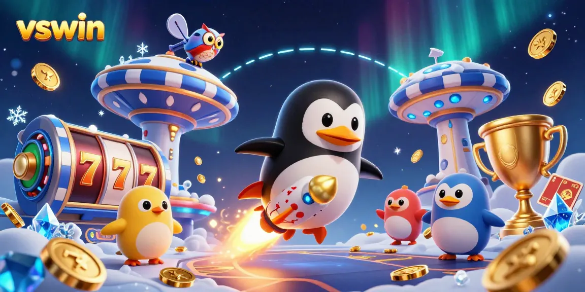 Experience thrilling gaming adventures at VSWIN with a golden penguin racing towards casino rewards.