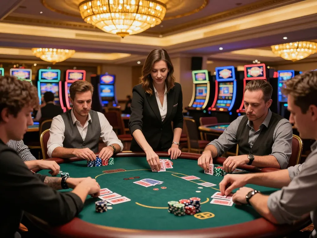Engaged players at a poker table in an upscale casino, experiencing the thrill of xin88 com.