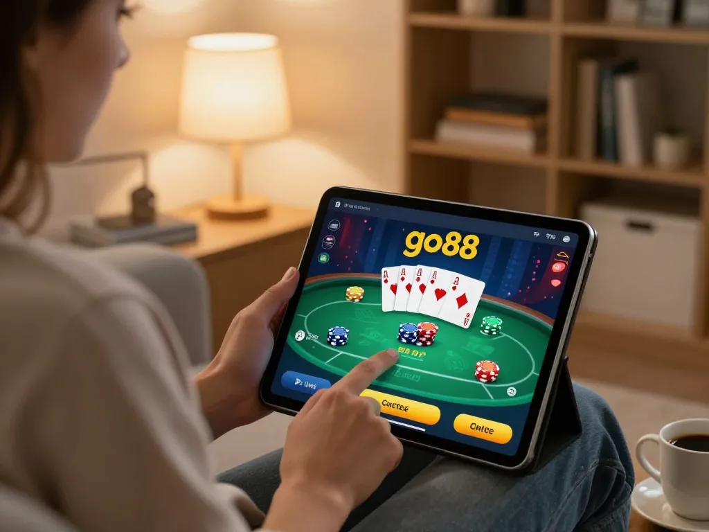 Play Go88 on your tablet while enjoying a relaxing evening at home, showcasing an engaging poker game.