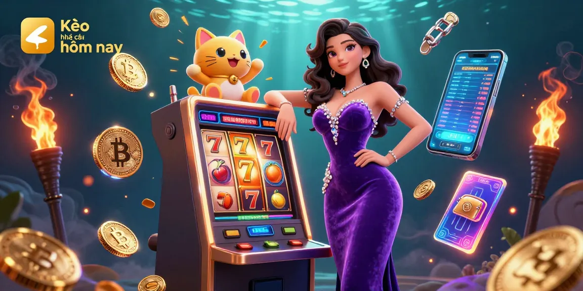 Engage with Kèo nhà cái hôm nay in this vibrant scene of a glamorous woman celebrating a jackpot with a fortune cat mascot.
