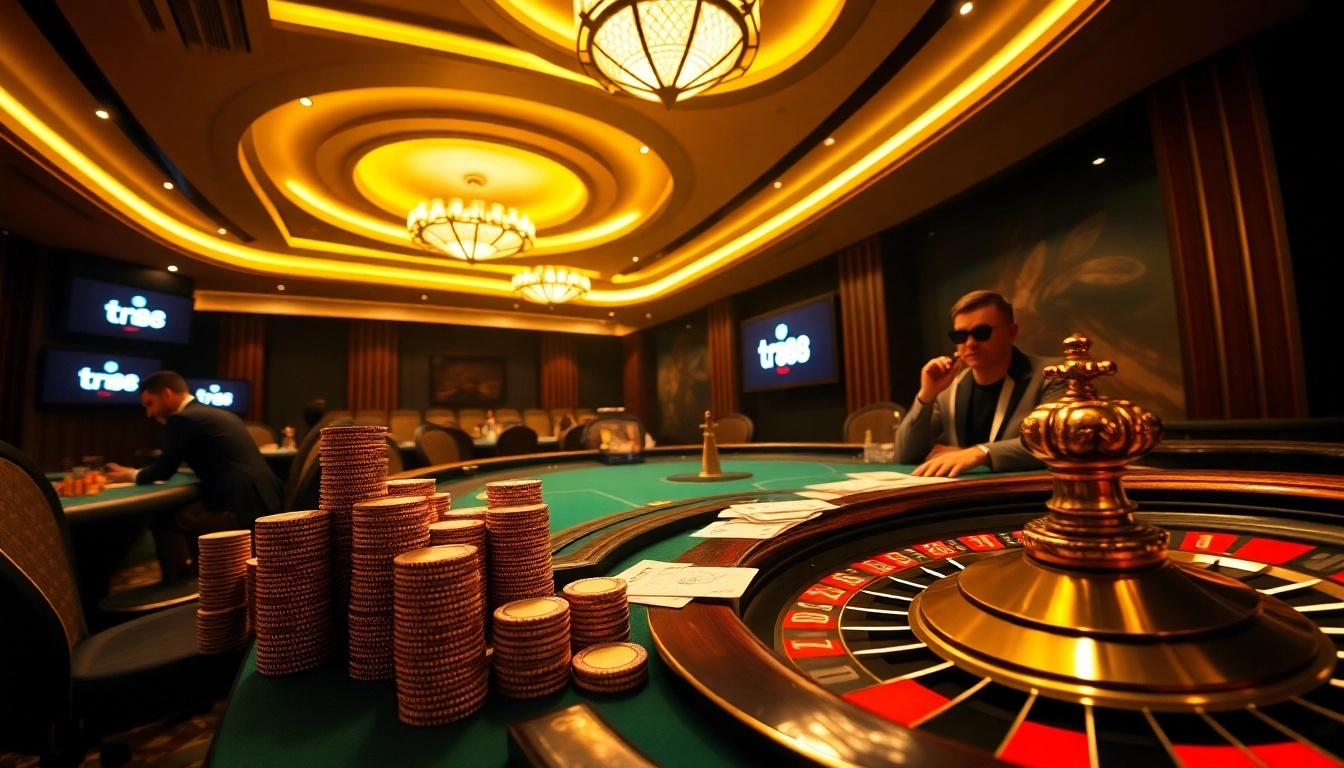 Players enjoying a thrilling poker game at a luxurious casino with tr88 betting screens displayed.