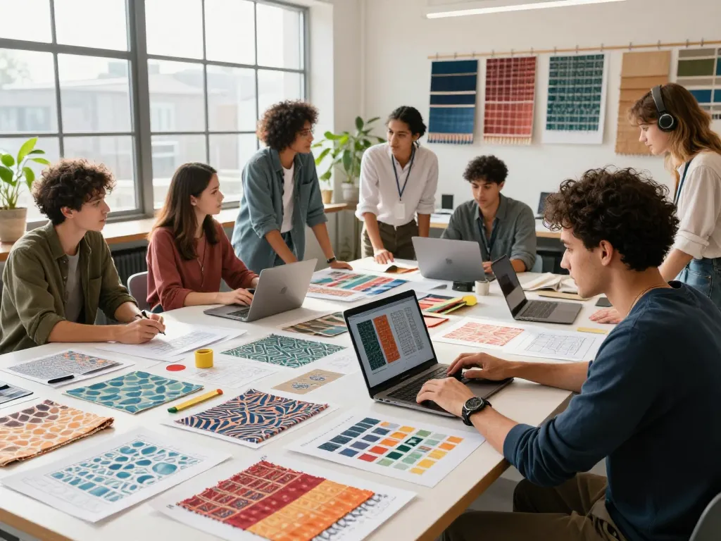 Sunwin team collaborating on innovative textile designs in a bright studio.
