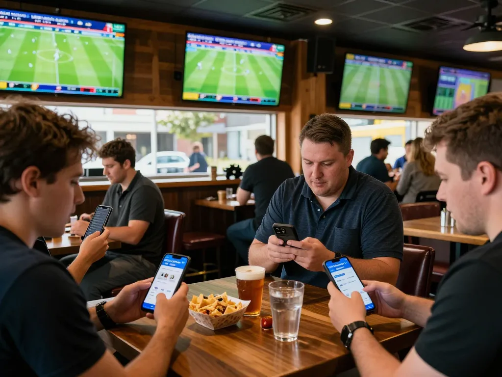 Betting on NOWGOAL scores in a lively sports bar with multiple screens and engaged patrons.