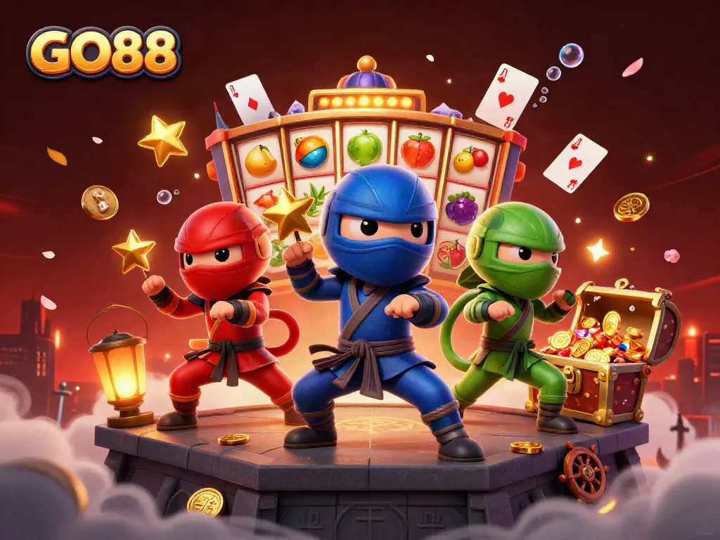 Engage in thrilling gaming adventures with GO88's dynamic casino illustration featuring ninja chameleons.