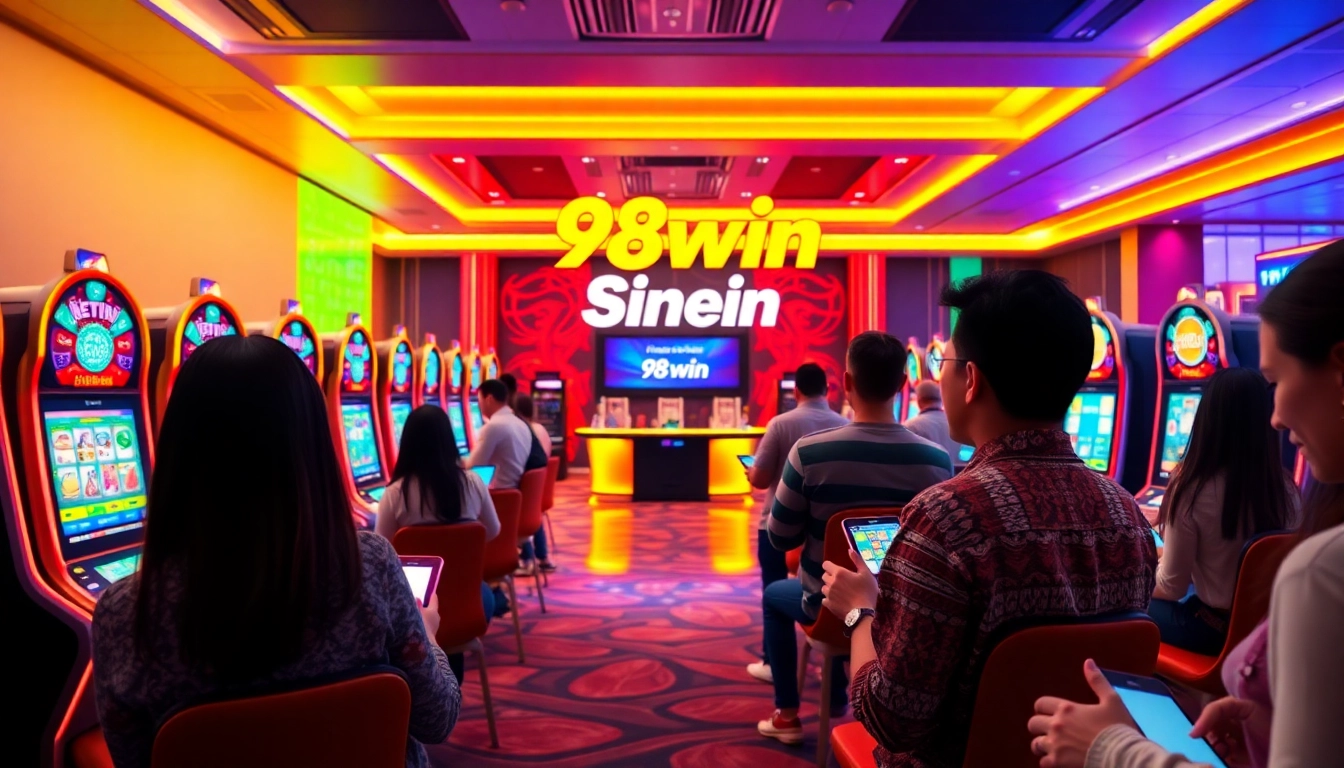 Experience the excitement of 98win with vibrant gaming scenes showcasing online slots and live dealers.