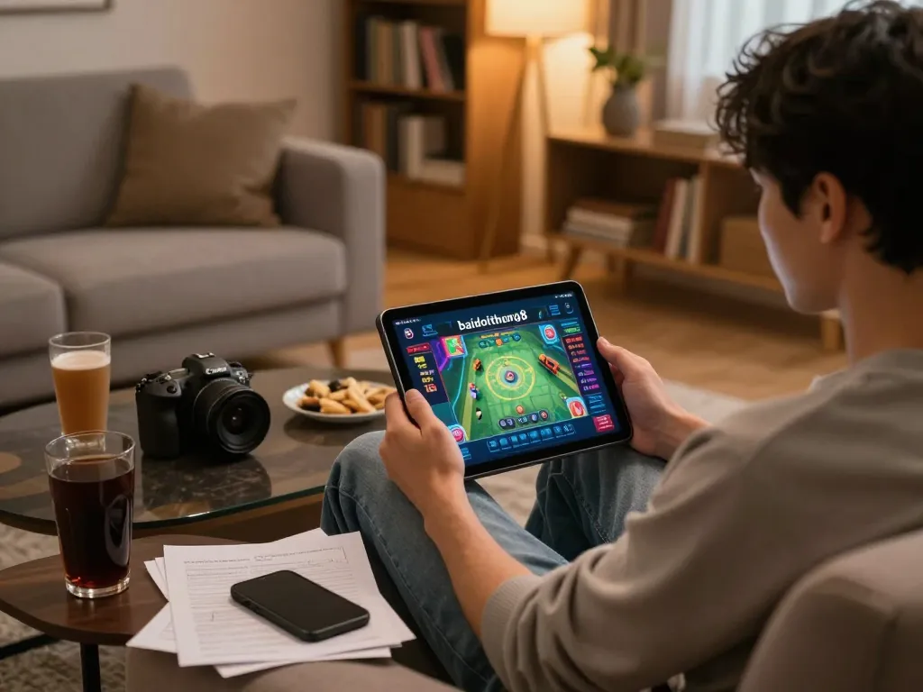 Playing gamebaidoithuong8 online from home, showcasing a cozy setup with tablet gaming.