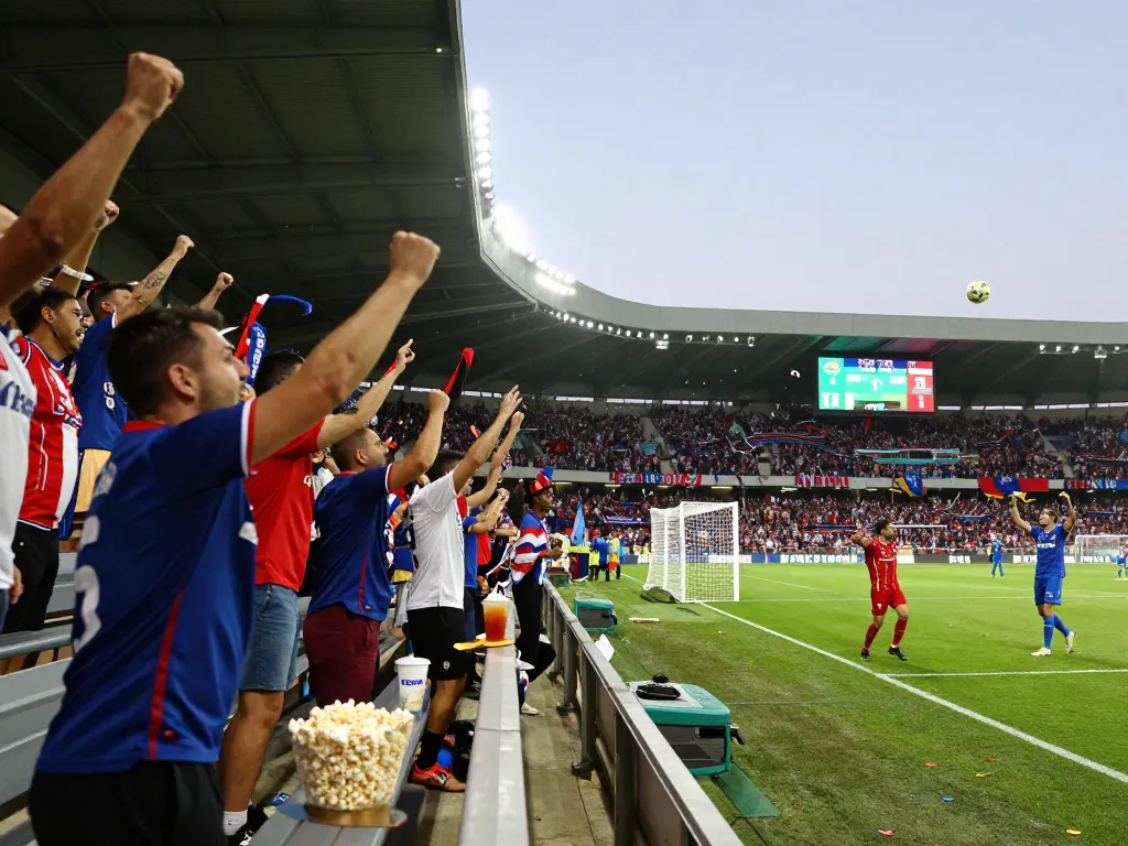 7m football match scene with fans celebrating a goal at a stadium during evening