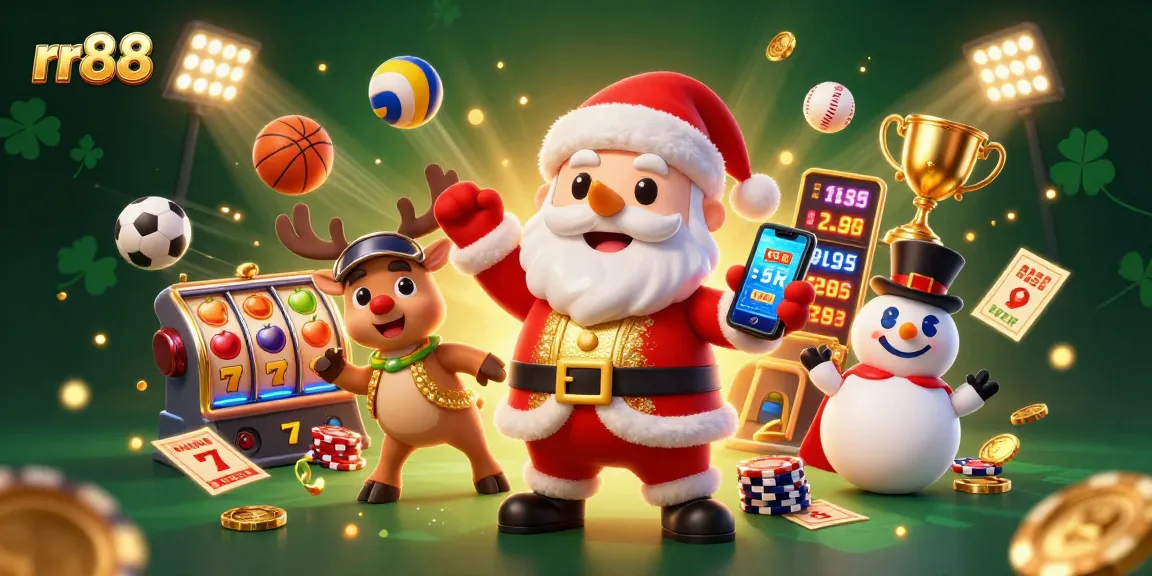 Spin the reels at rr88 with a festive Santa and friends celebrating wins in a dynamic casino scene.