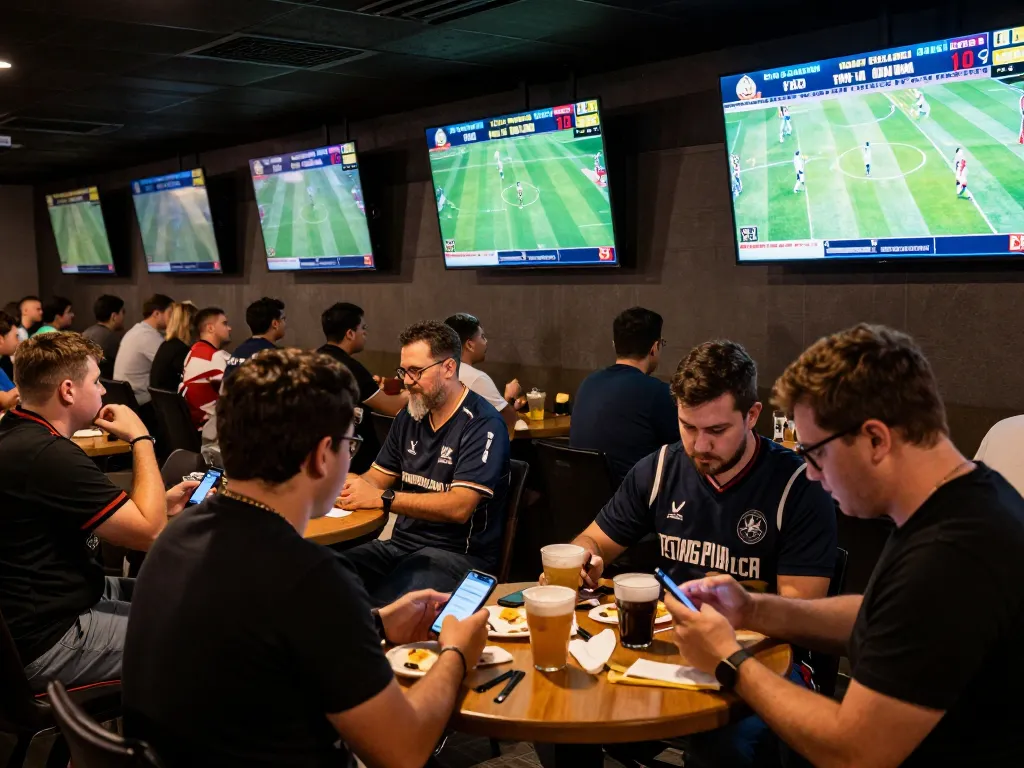 Engaged bettors analyzing tỷ lệ kèo nhà cái while placing wagers at an energetic sports betting venue