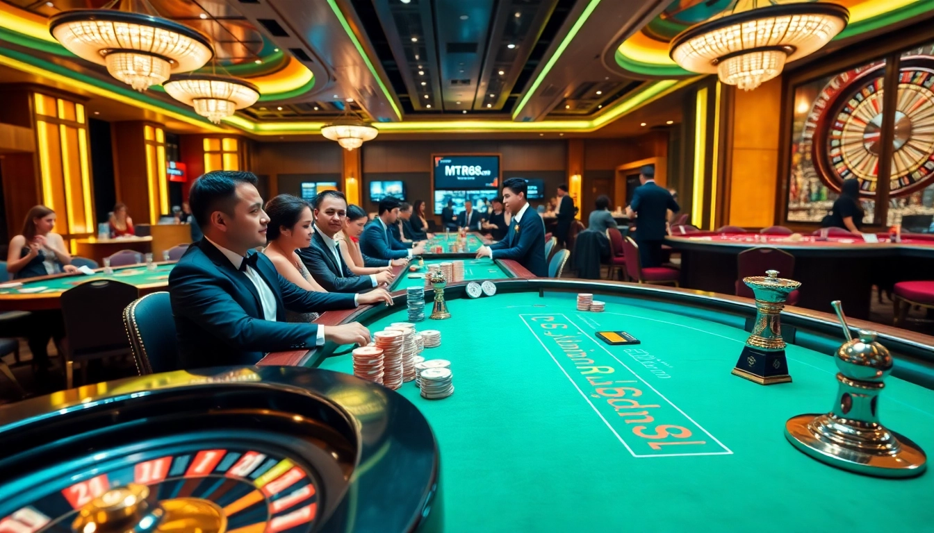 Engage with thrilling gameplay at https://mtr888.com/ featuring vibrant casino tables, poker chips, and a roulette wheel.