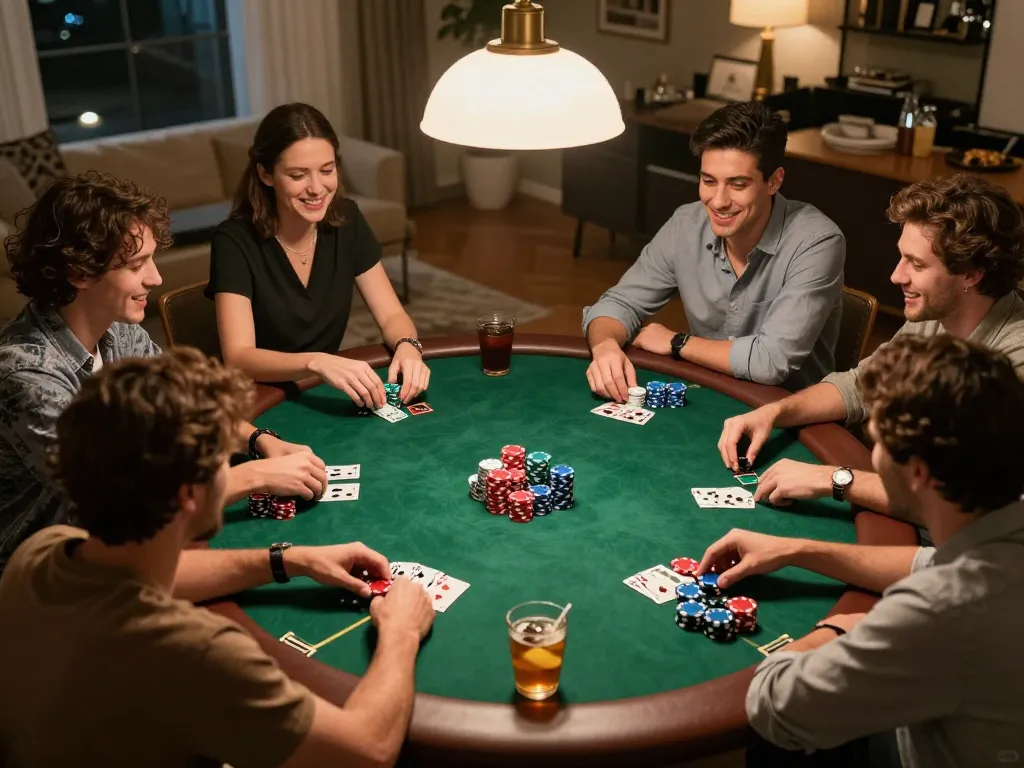 Friends enjoy a lively poker game night at home, showcasing the fun and strategy of 78winvina.