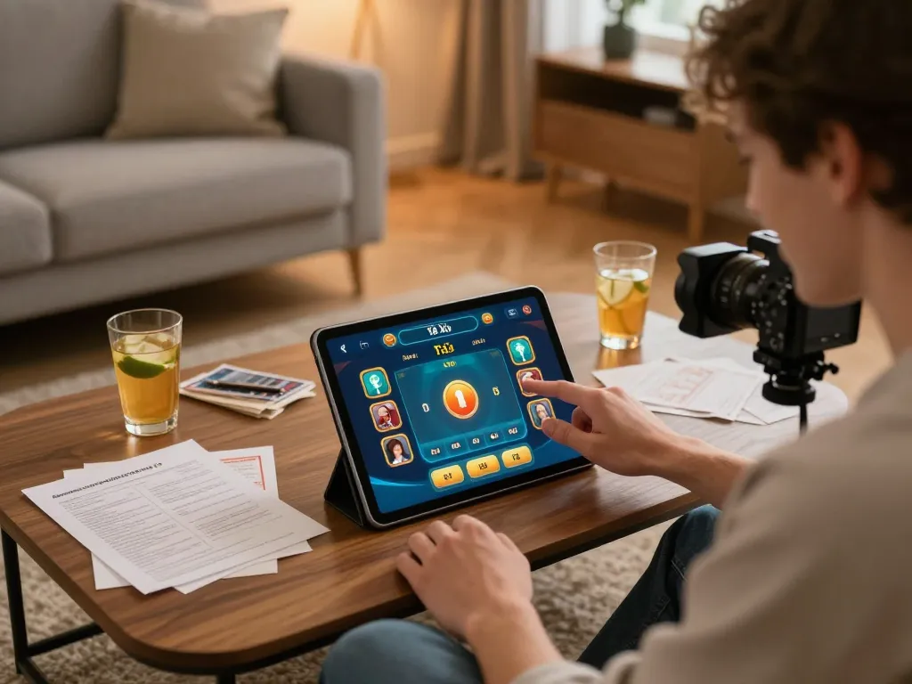 Player using the Tài Xỉu app on a tablet at home, showcasing excitement in online gaming