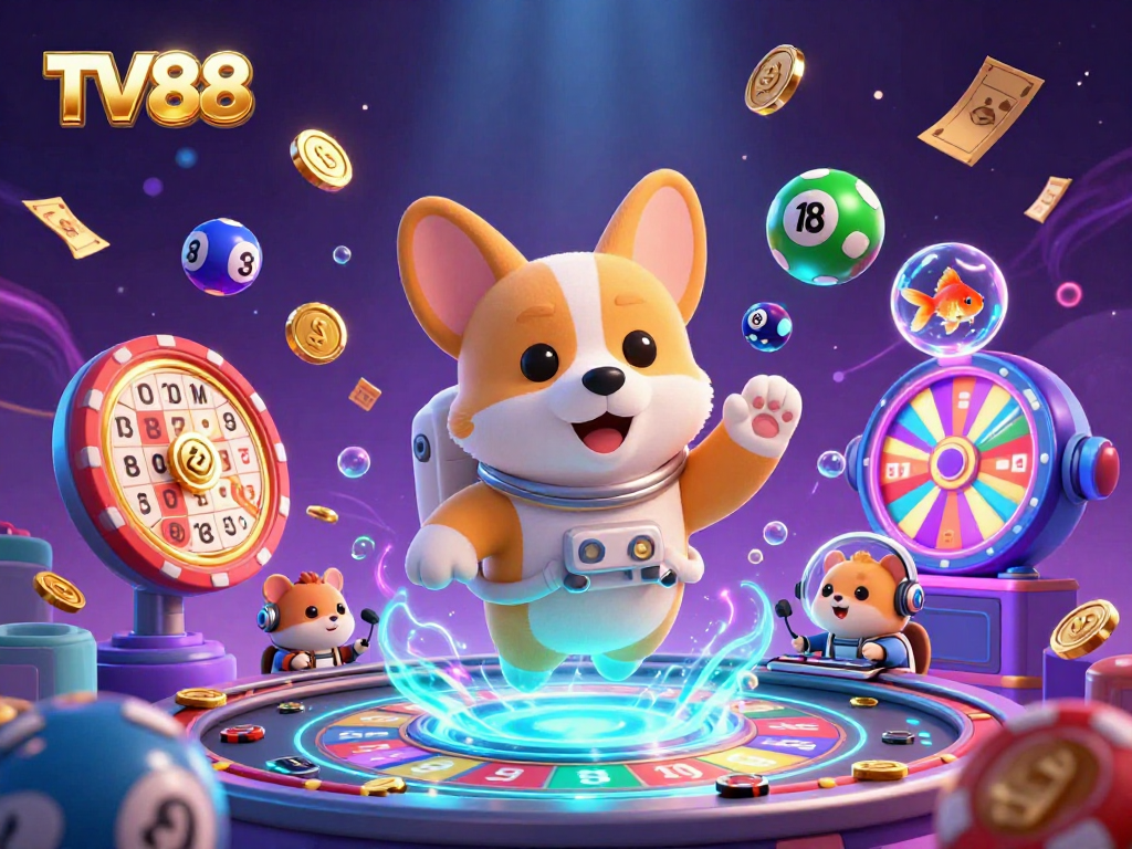 TV88 casino scene featuring a space-themed astronaut corgi amidst floating treasures and gaming elements.