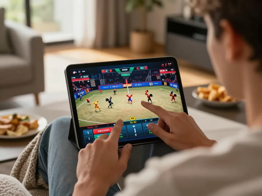Khán giả đang xem các trận xế đá gà trực tiếp HD trên máy tính bảng với những hành động đầy kịch tính.