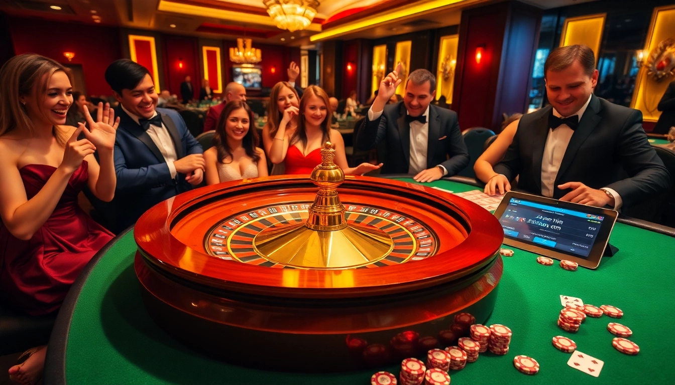 Sunwin-themed roulette table surrounded by enthusiastic gamblers enjoying a luxurious casino experience.