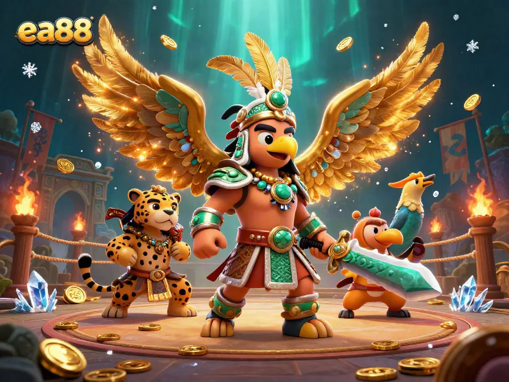 Experience thrilling gaming action at ea88 with vibrant 3D warriors, coins, and dynamic elements.