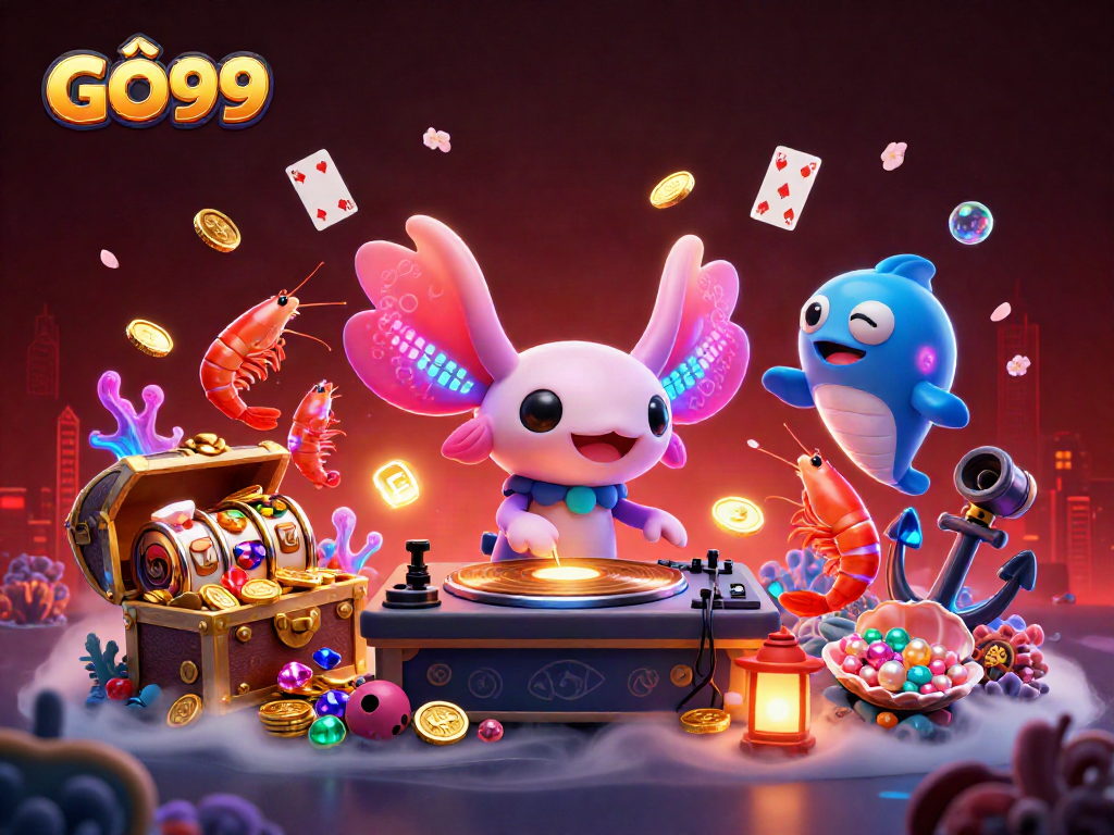 GÔ99 showcases vibrant underwater casino elements with a neon axolotl DJ for thrilling fun.