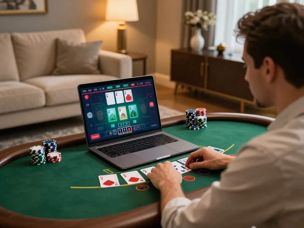 Engaging scene of a player enjoying luck8 com live dealer blackjack in a cozy home setting