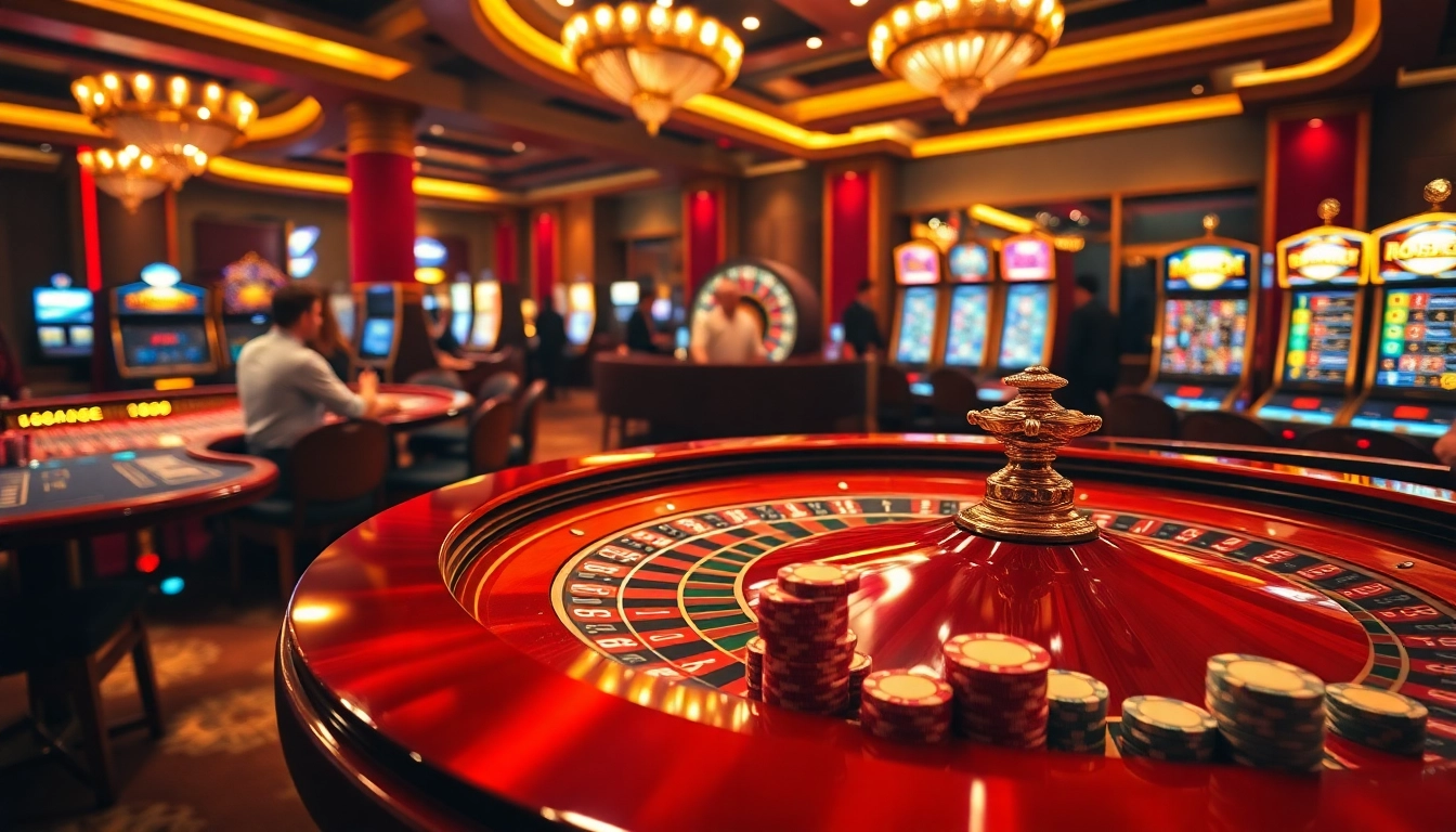 Gamblers enjoying a luxurious gaming experience at RR88 casino with roulette and slots.