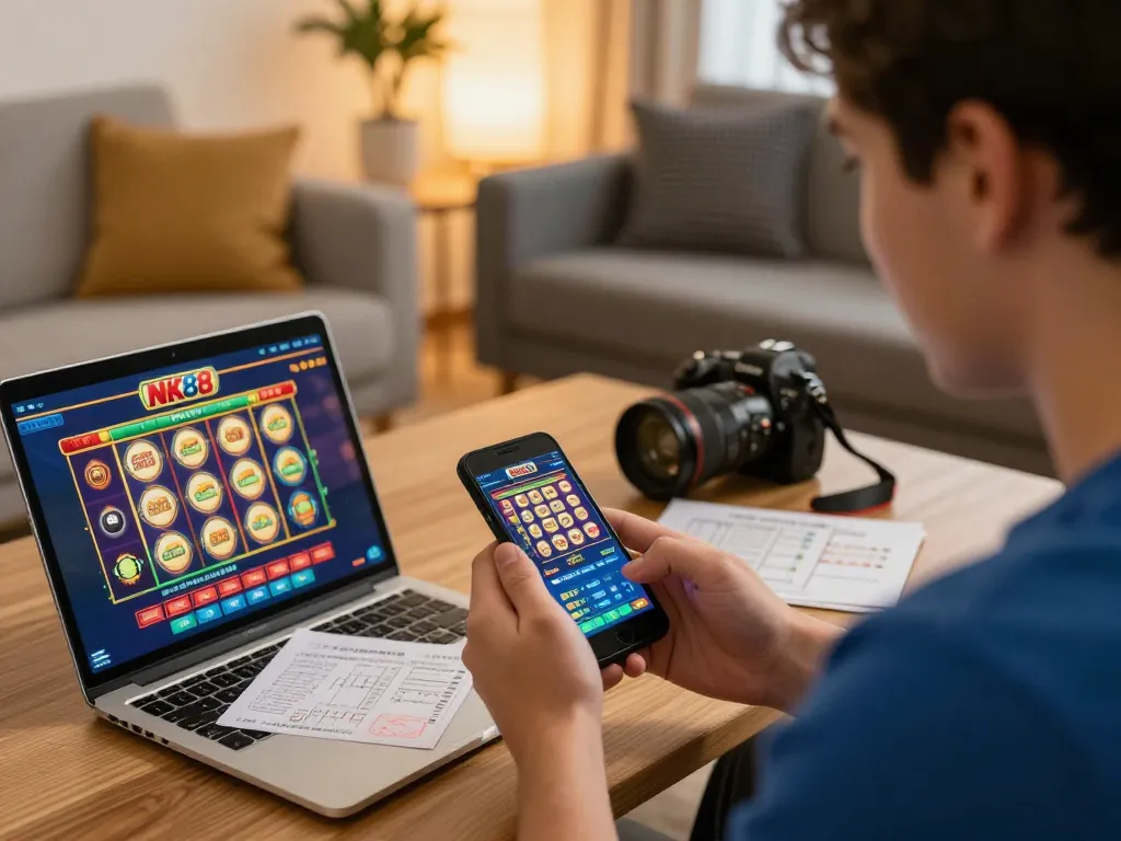 Players engaged in NK88 win excitement using mobile app in a cozy home setting.