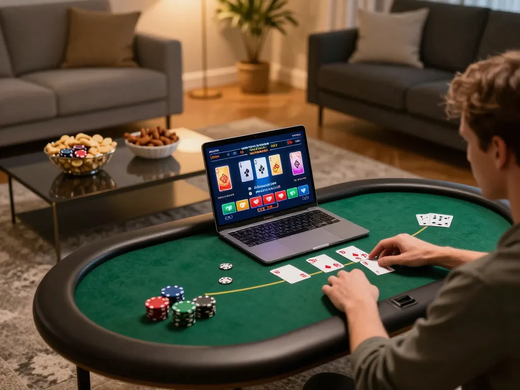 Usbet online poker game interface displayed on a laptop during a cozy home gaming night