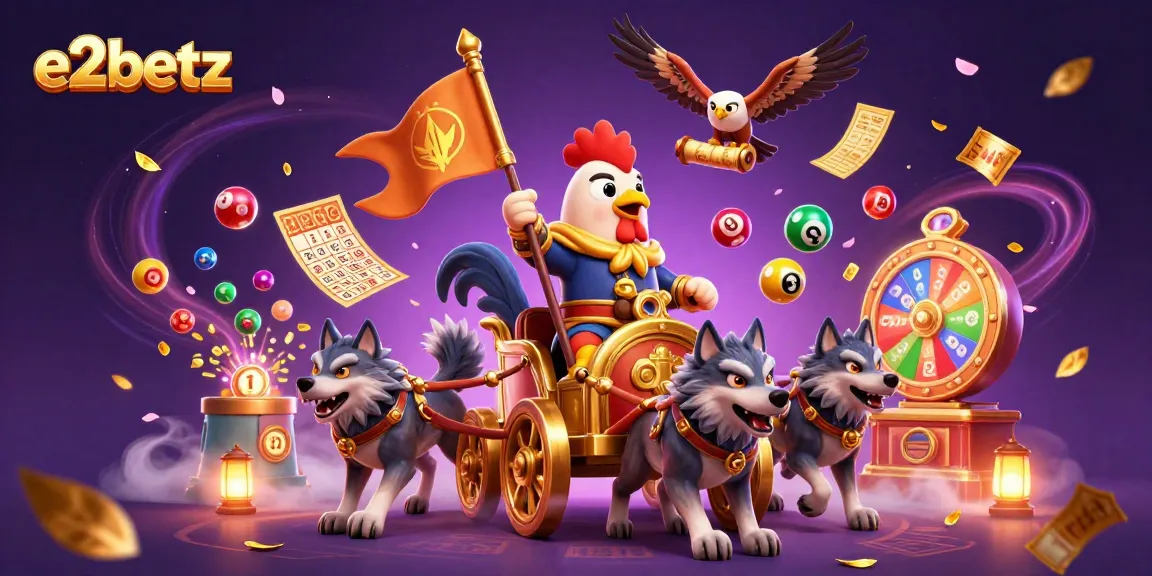e2betz offers an exciting scene with a rooster warlord, lottery balls, and vibrant gaming elements.