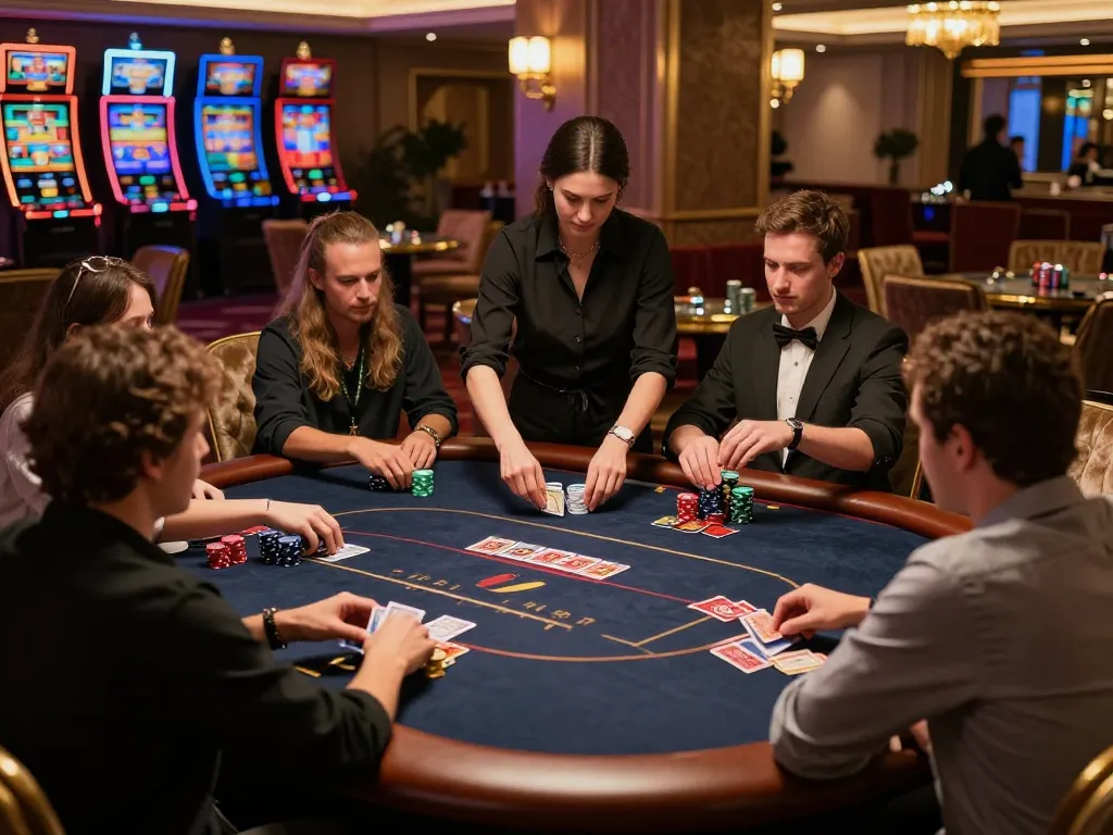Experience high-stakes poker at https://www.atqvn.com/ featuring players in luxurious setting with dealer managing cards.
