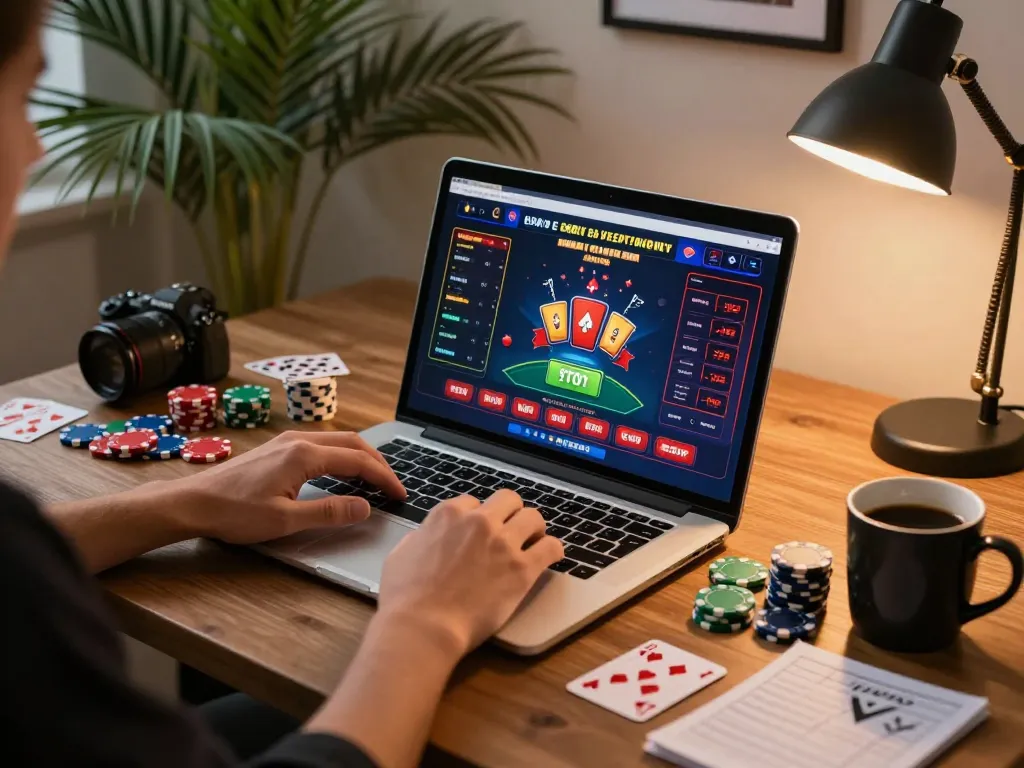 Player engaging with go8 online casino platform, showcasing interactive gaming session at stylish home setup.