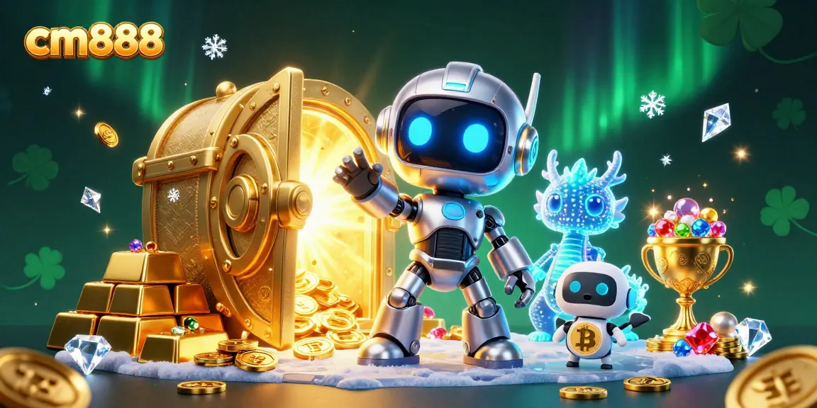 Engage with cm888 in a vibrant 3D casino scene showcasing cyberpunk characters amidst a treasure-filled backdrop.