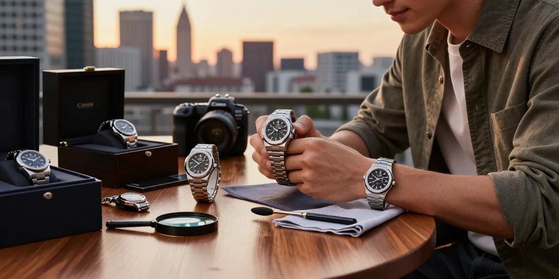 Exploring exquisite replica watches during golden hour in urban settings, showcasing luxury and style.