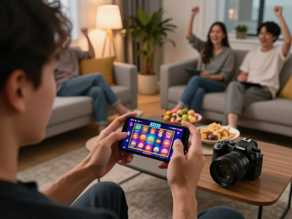 Engaging with the XXGG app for a thrilling online slot experience in a cozy living room.