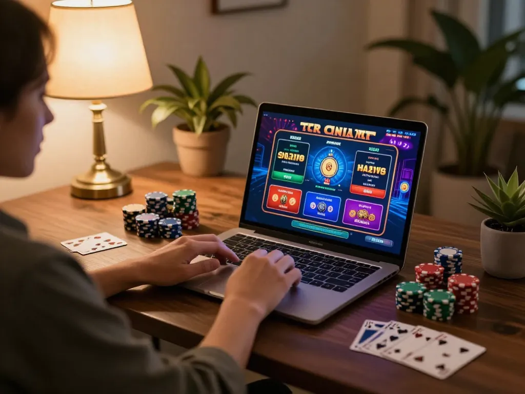 Playing exciting online games at home on 79sodoe, showcasing chips and gaming interface.