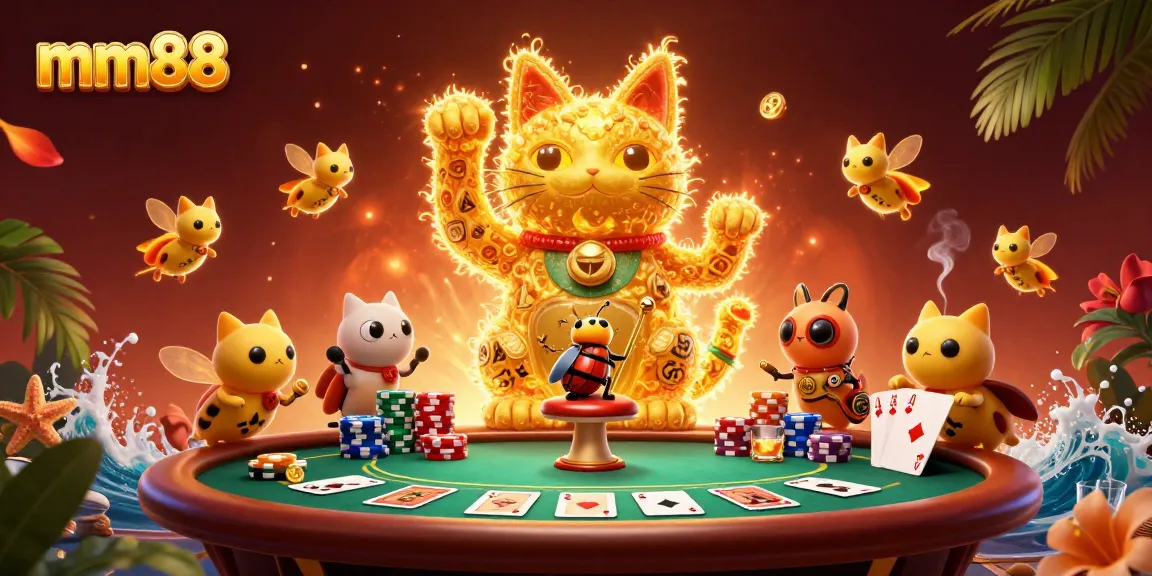 Win big with mm88 as a golden lucky cat brings casino excitement to life in this vibrant illustration.