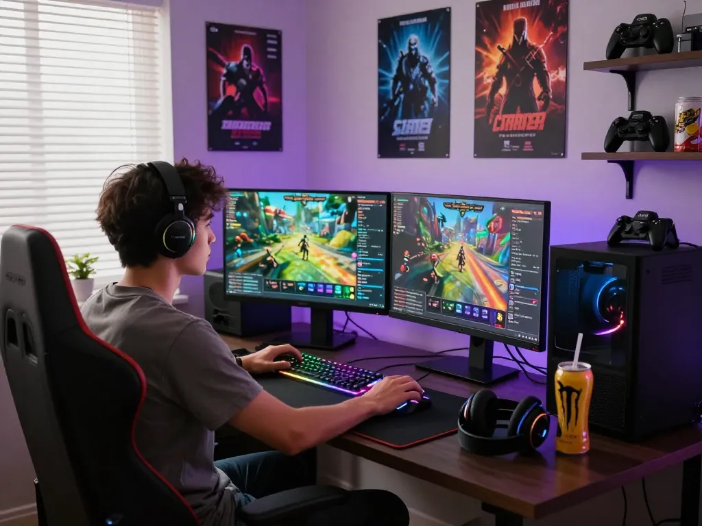 Gamer immersed in action at 789win.com with high-tech gaming setup and vibrant graphics.