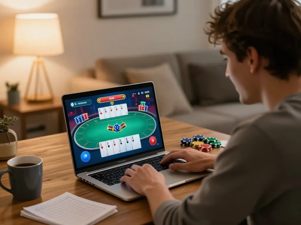 Enjoying poker action at home with jun 88 gaming interface visible on screen